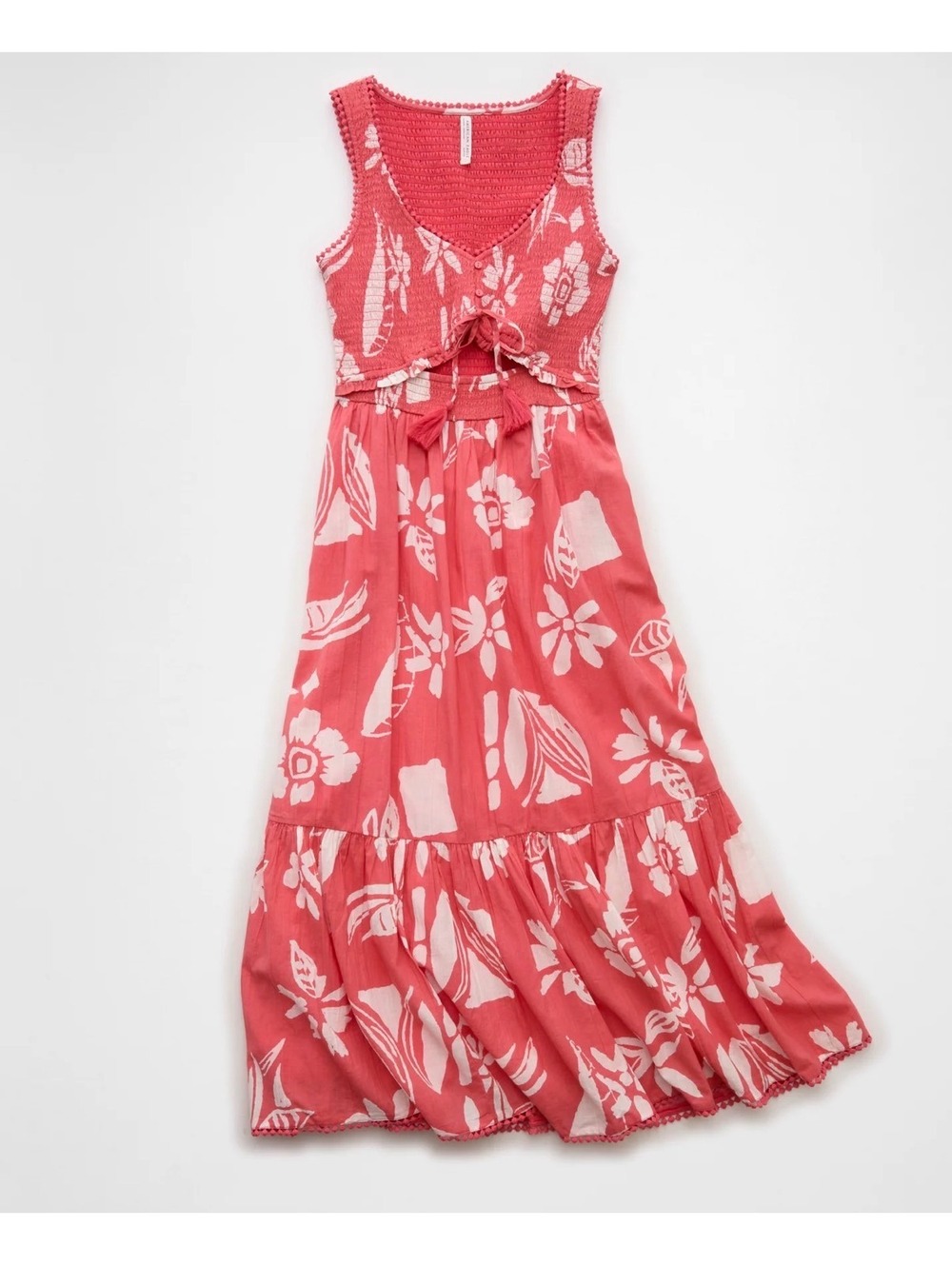 American Eagle Coral Floral 100% Cotton Sundress V Neck Midi Cut-out Dress